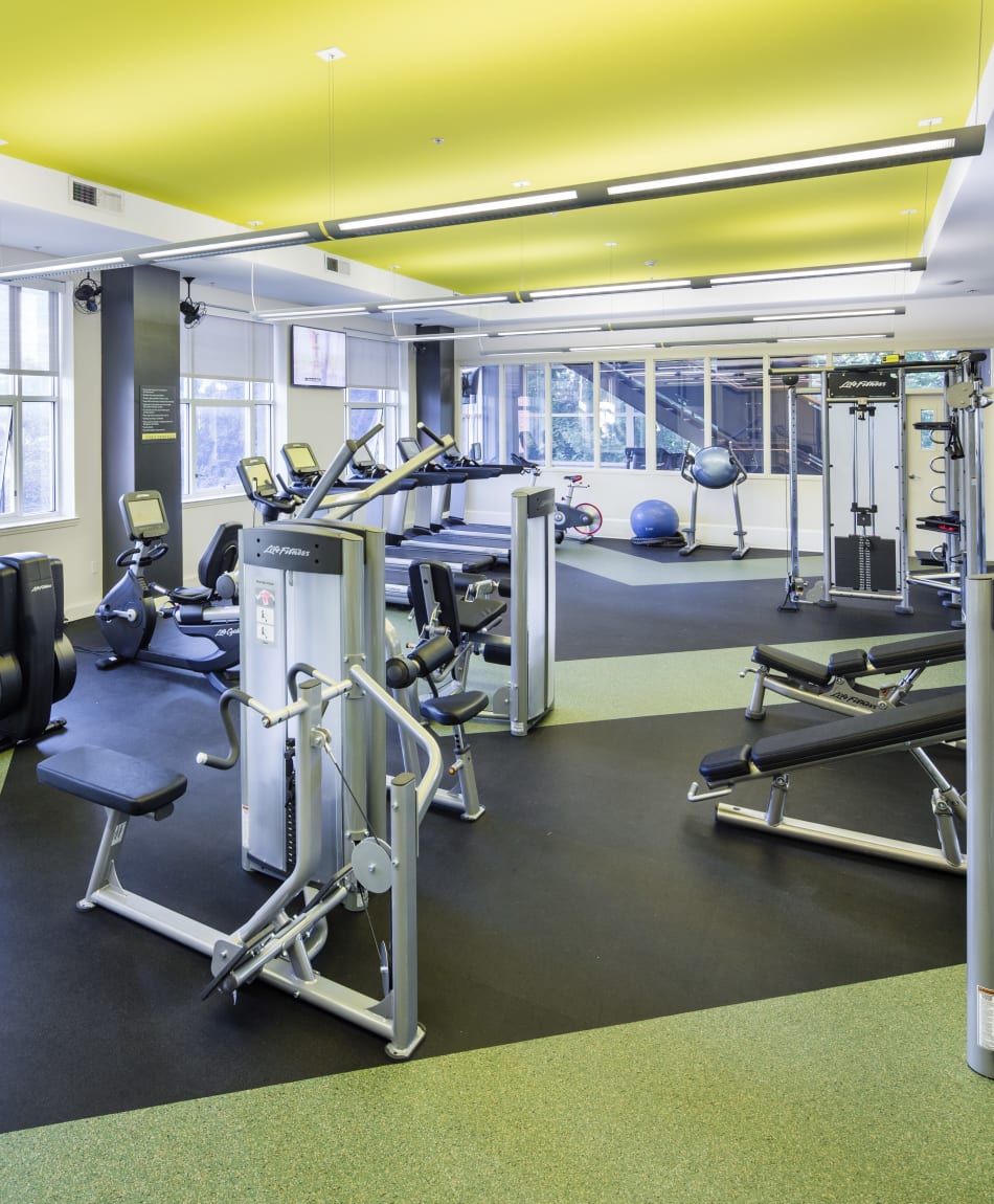 Residents staying in shape in the fitness center at Sofi at 50 Forest in Stamford, Connecticut