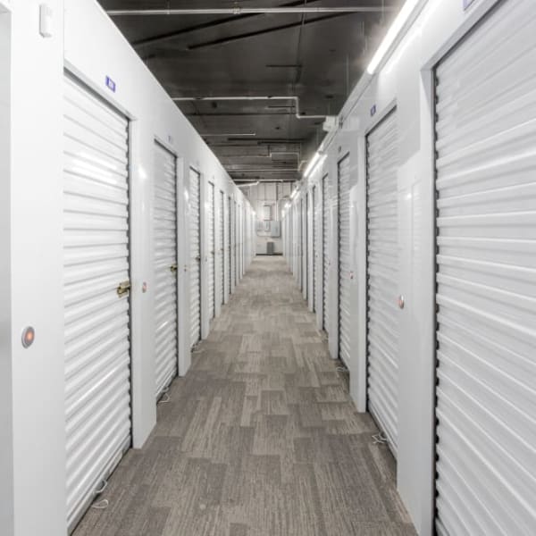 A row of indoor storage units at StorQuest Economy Self Storage in Salt Lake City, Utah