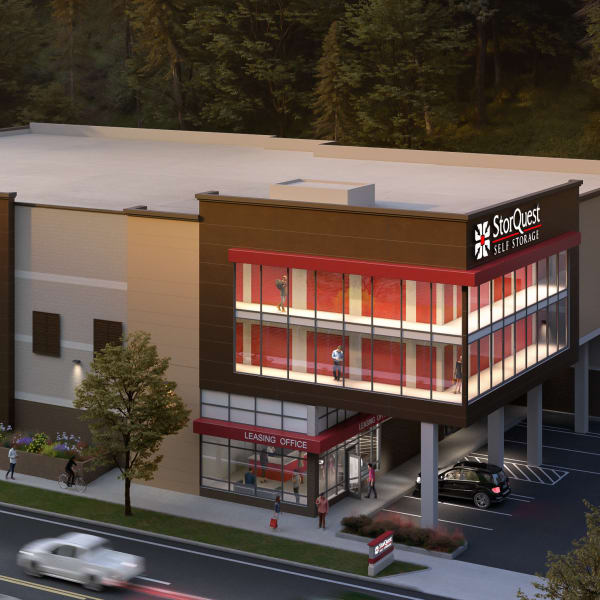 Exterior and indoor storage units at StorQuest Self Storage in Seattle, Washington