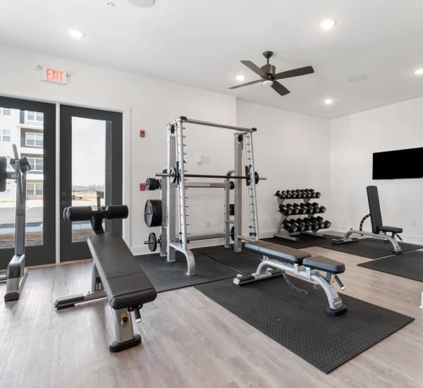 Interior of the fitness center at The Station at Clift Farm in Madison, Alabama