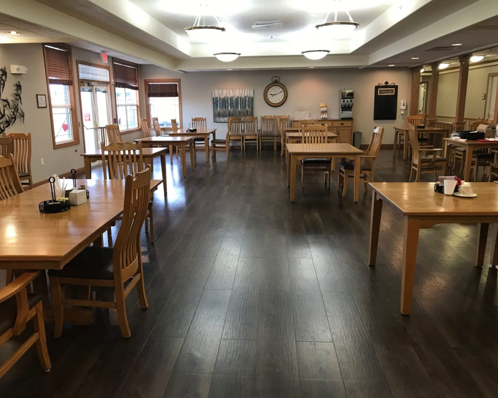 Large resident dining room at Addington Place of Des Moines in Des Moines, Iowa.