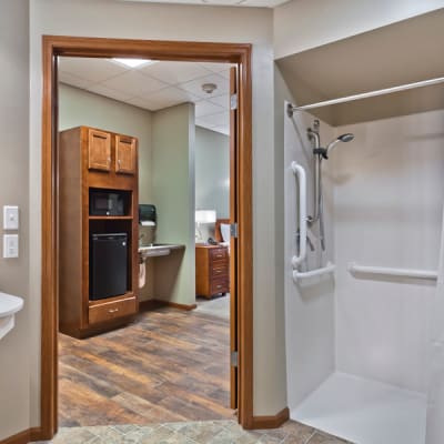 Resident bathroom at Aurora on France in Edina, Minnesota. 