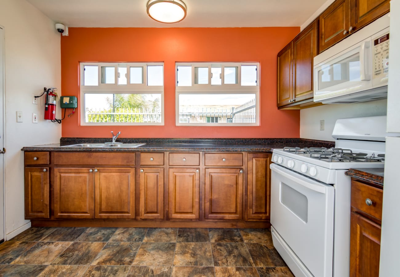 Fully equipped kitchen at Bayside Palms in San Diego, California