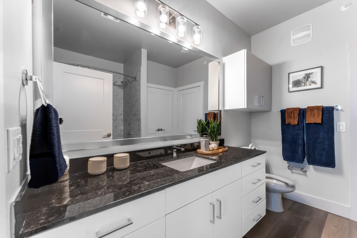 Model bathroom with dual sinks The Gabriel in Leander, Texas