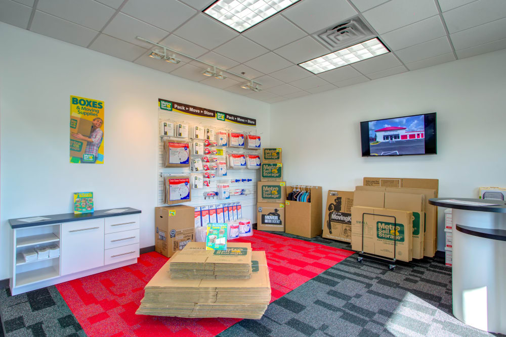 Leasing office offering storage supplies such as boxes and tape at Metro Self Storage in Riverview