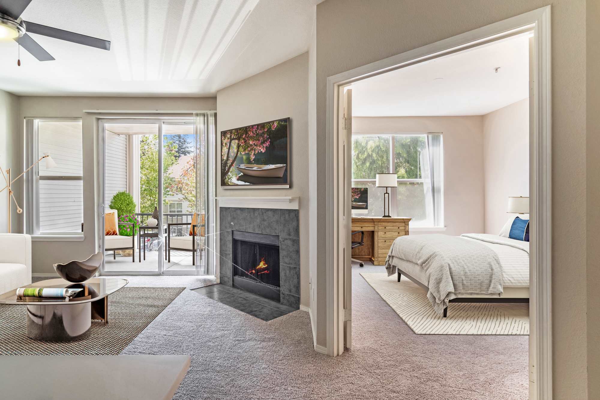 Living and bedroom view at HighGrove Apartments in Everett, Washington