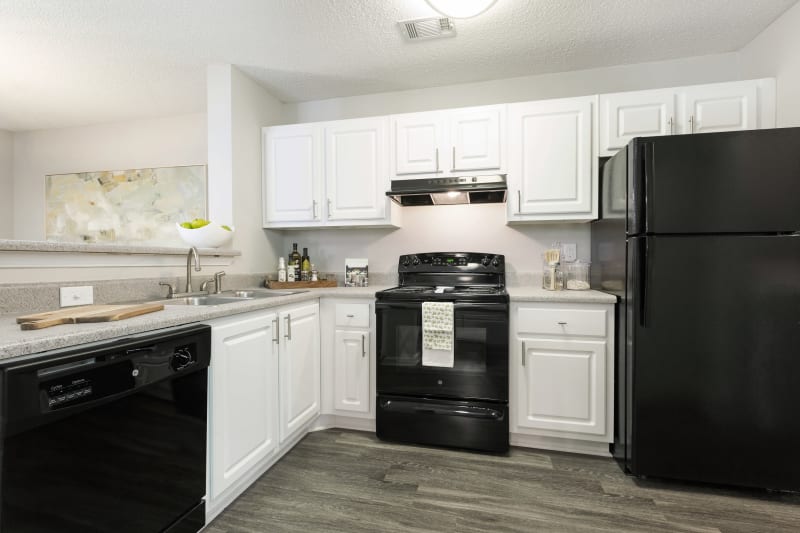 Spacious modern kitchen with black appliances and white cabinets at Belle Vista Apartment Homes in Lithonia, Georgia