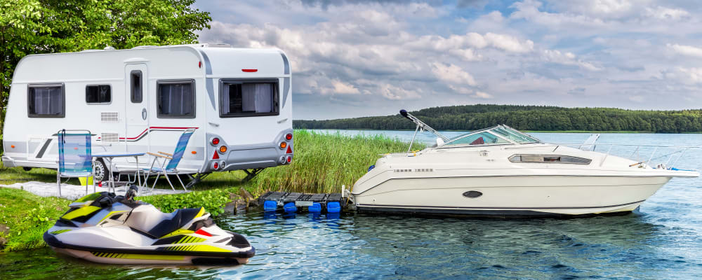 An RV and a boat out of storage at Stor-Room Mini Storage in Troutdale, Oregon