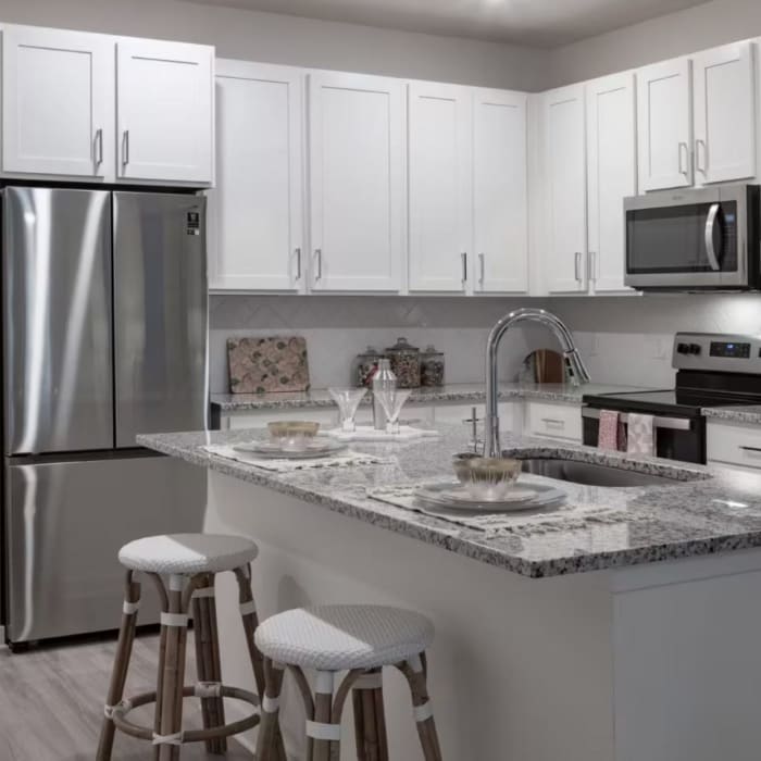 Kitchen with stainless-steel appliances at Makara Orlando in Orlando, Florida