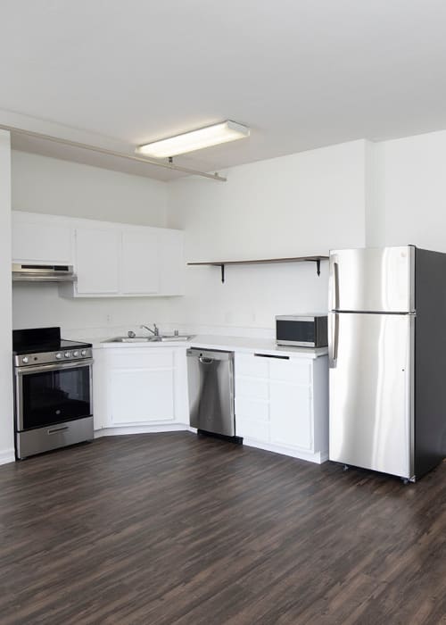 Kitchen area at Cornerstone Lofts in San Diego, California