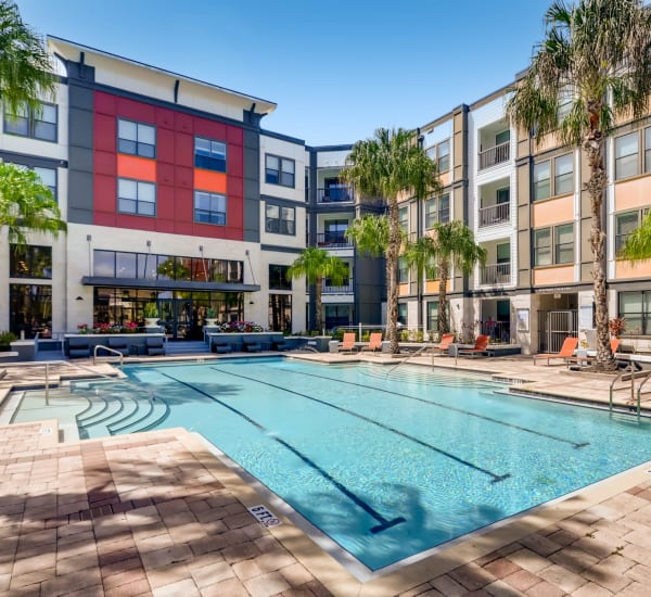 The resort-style swimming pool and spa at EOS in Orlando, Florida