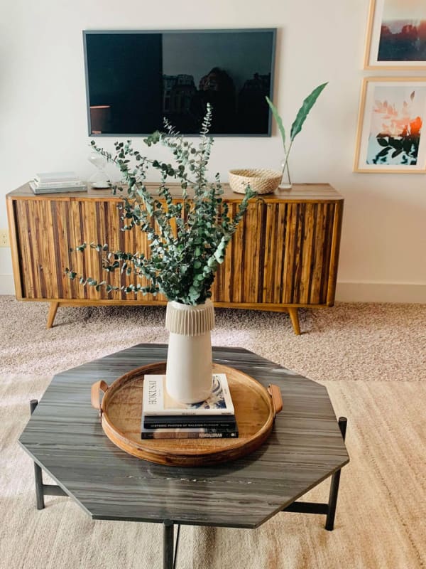 Natural modern coffee table and sideboard in the living room of a model apartment home at 927 West Morgan in Raleigh, North Carolina