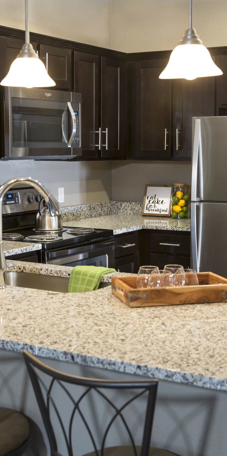 Modern kitchen in a model student apartment at Brookside Downtown in Columbia, Missouri