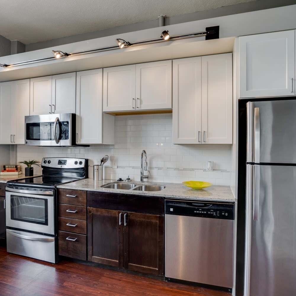 Model apartment kitchen with dishwasher and microwave at 430 Oak Grove in Minneapolis, Minnesota