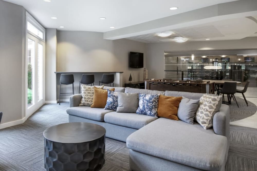Comfy lounge with a foosball table at Sofi Parc Grove in Stamford, Connecticut