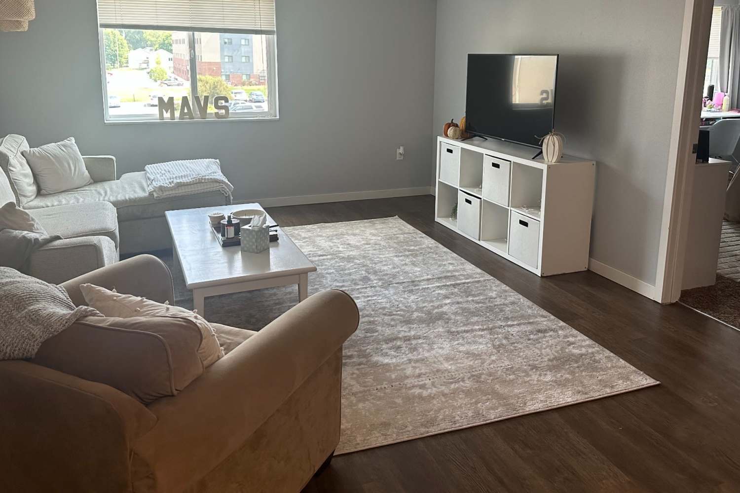 Living room with sofa and television at Lofts @ 1633 in Mankato, Minnesota
