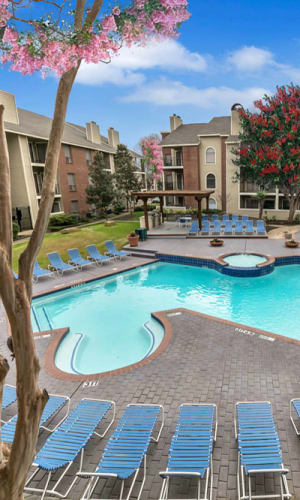 Sparkling blue swimming pool at Rivercrest in Waco, Texas