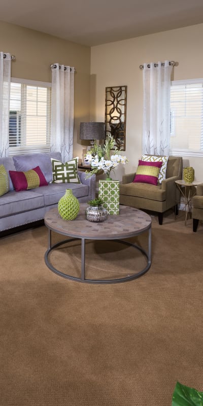 Cozy living room at Estancia Del Sol in Corona, California