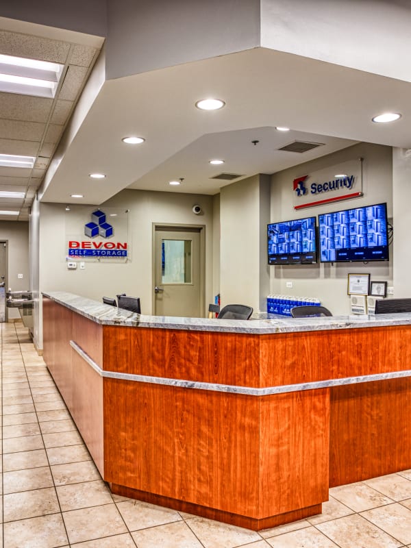 Front desk inside of the leasing office at Devon Self Storage in Chicago, Illinois