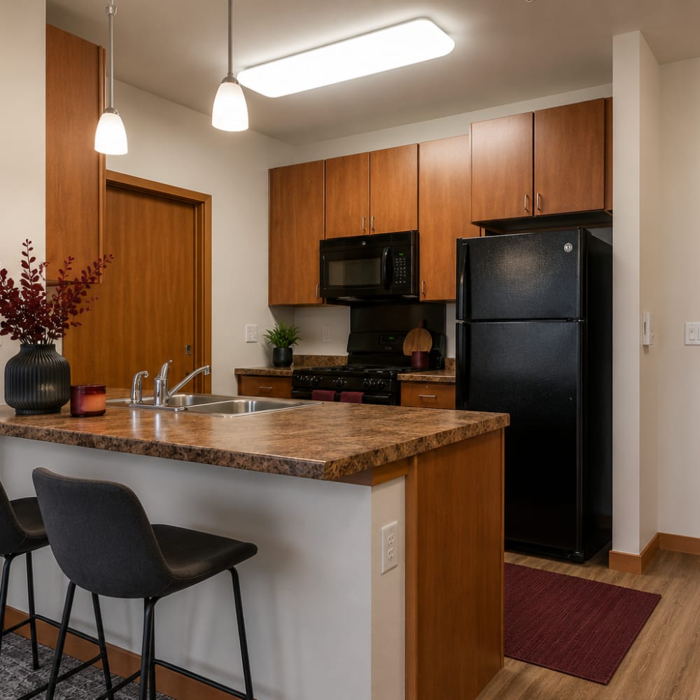 Kitchen with wooden cabinets and stainless-steel appliances at Cudahy, Wisconsin at Layton Square