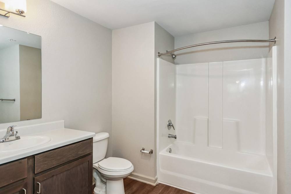 Bathroom showing vanity mirror and lights at Flats at Mount Zion in Stockbridge, Georgia