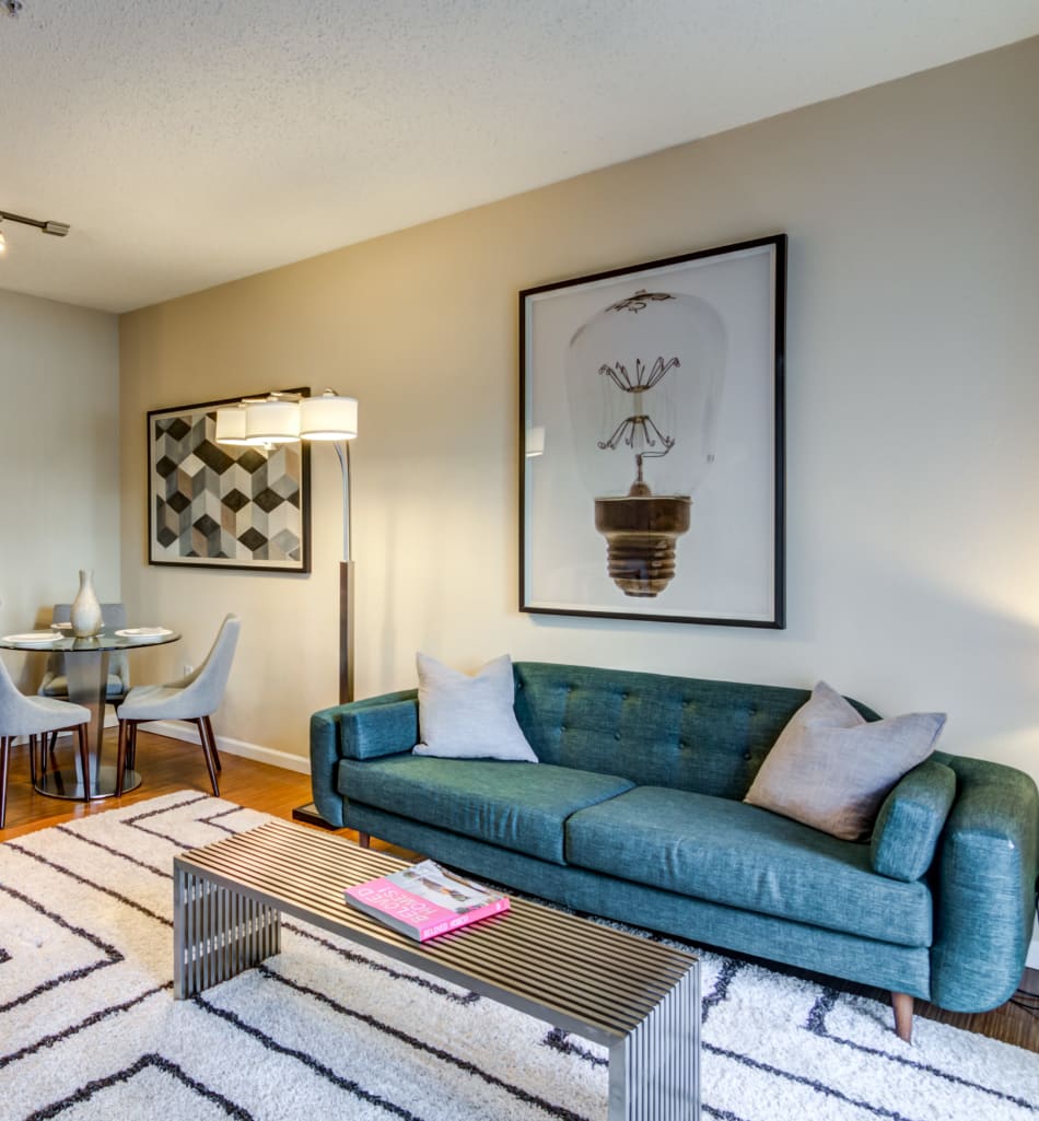 Open-concept living area in a model home at Sofi Parc Grove in Stamford, Connecticut