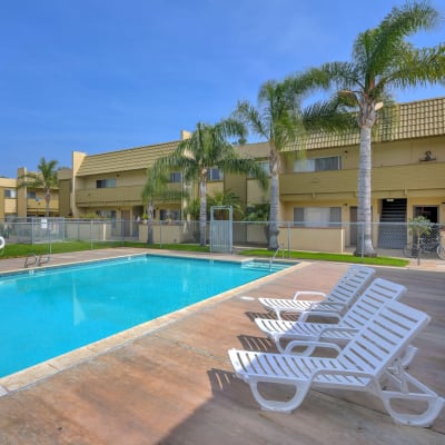 High end community pool at Royal Village Apartments in San Diego, California