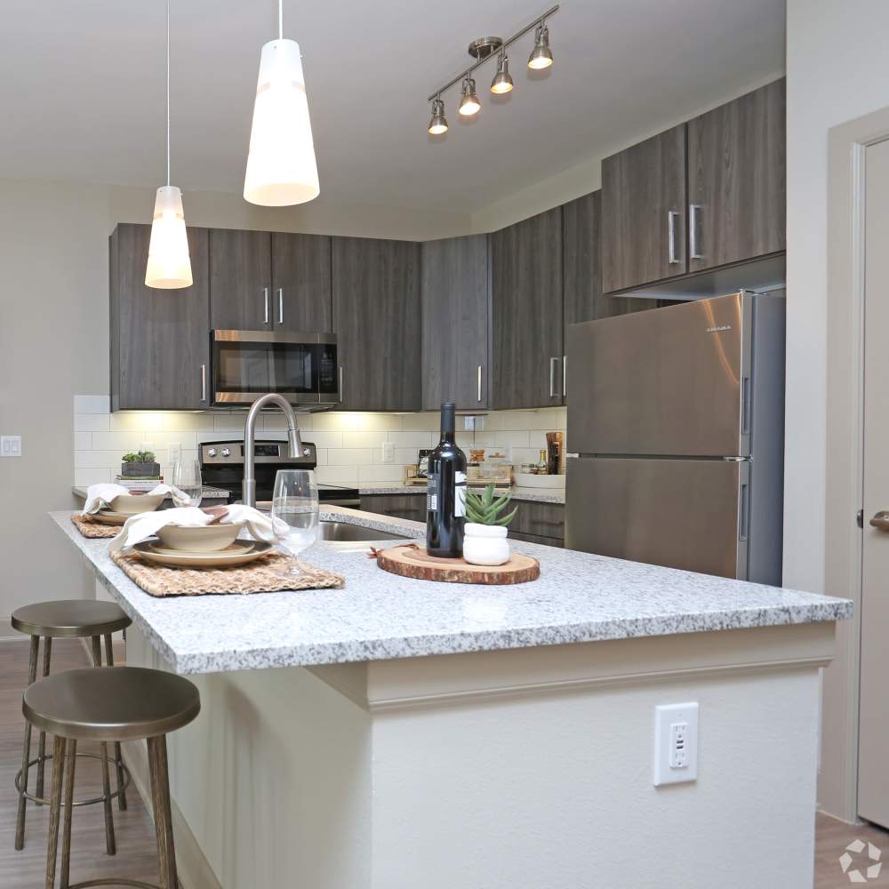 Modern kitchen withstainless-steel appliances, wood cabinet and island countertop at NOVU New Forest in Houston, Texas