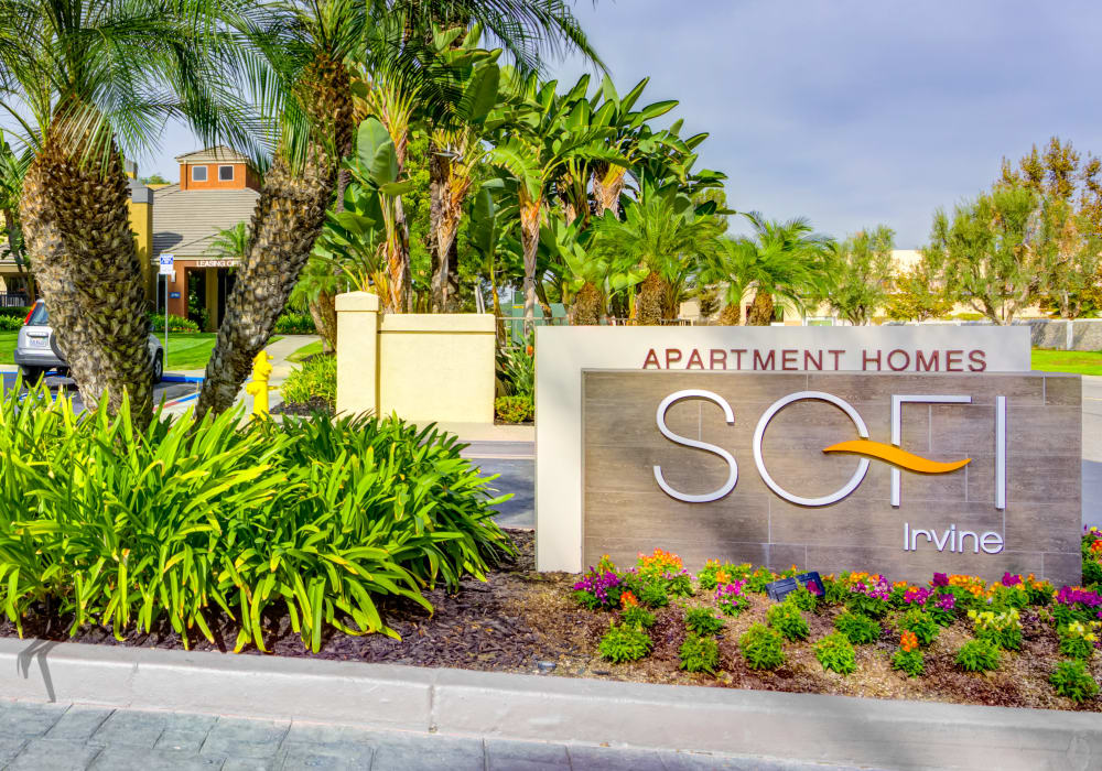 Monument sign at the entrance to Sofi Irvine in Irvine, California