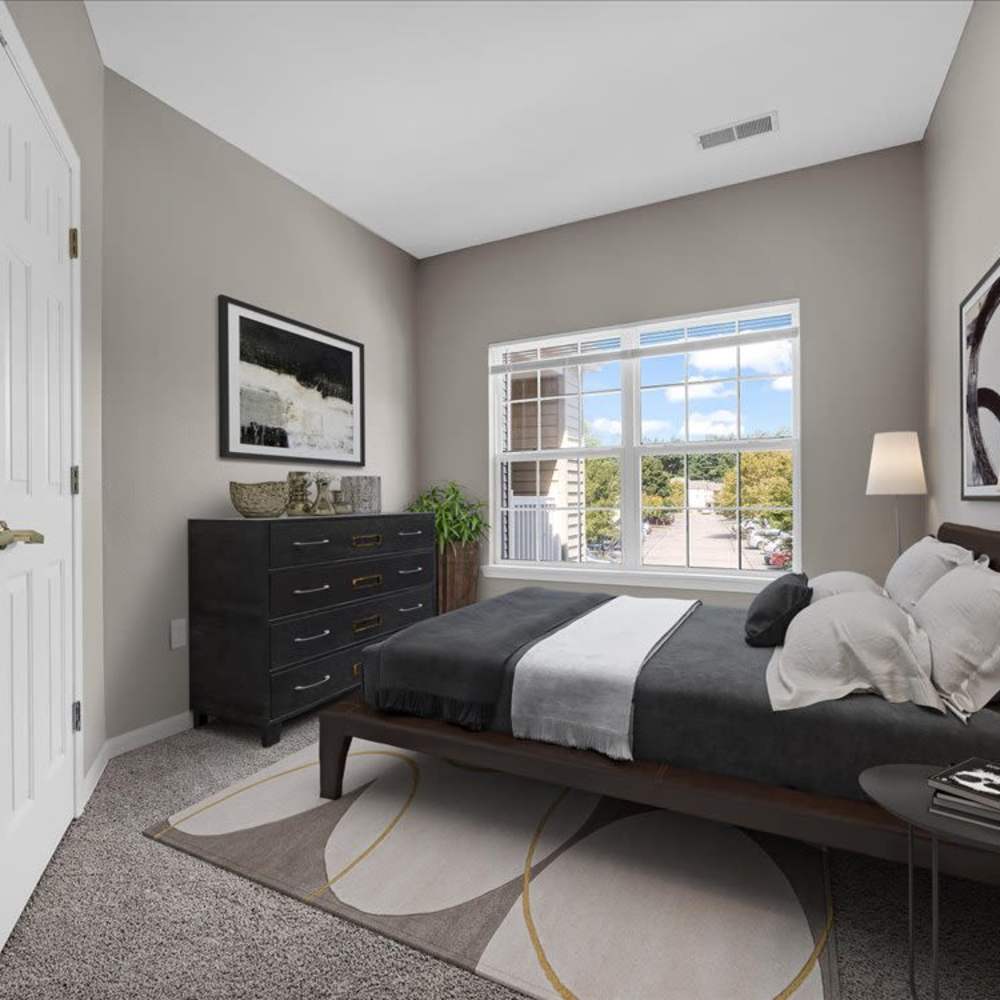 Cozy bedroom with a large window, plush carpet, and stylish dresser at 43 North Apartments in Grand Haven, Michigan