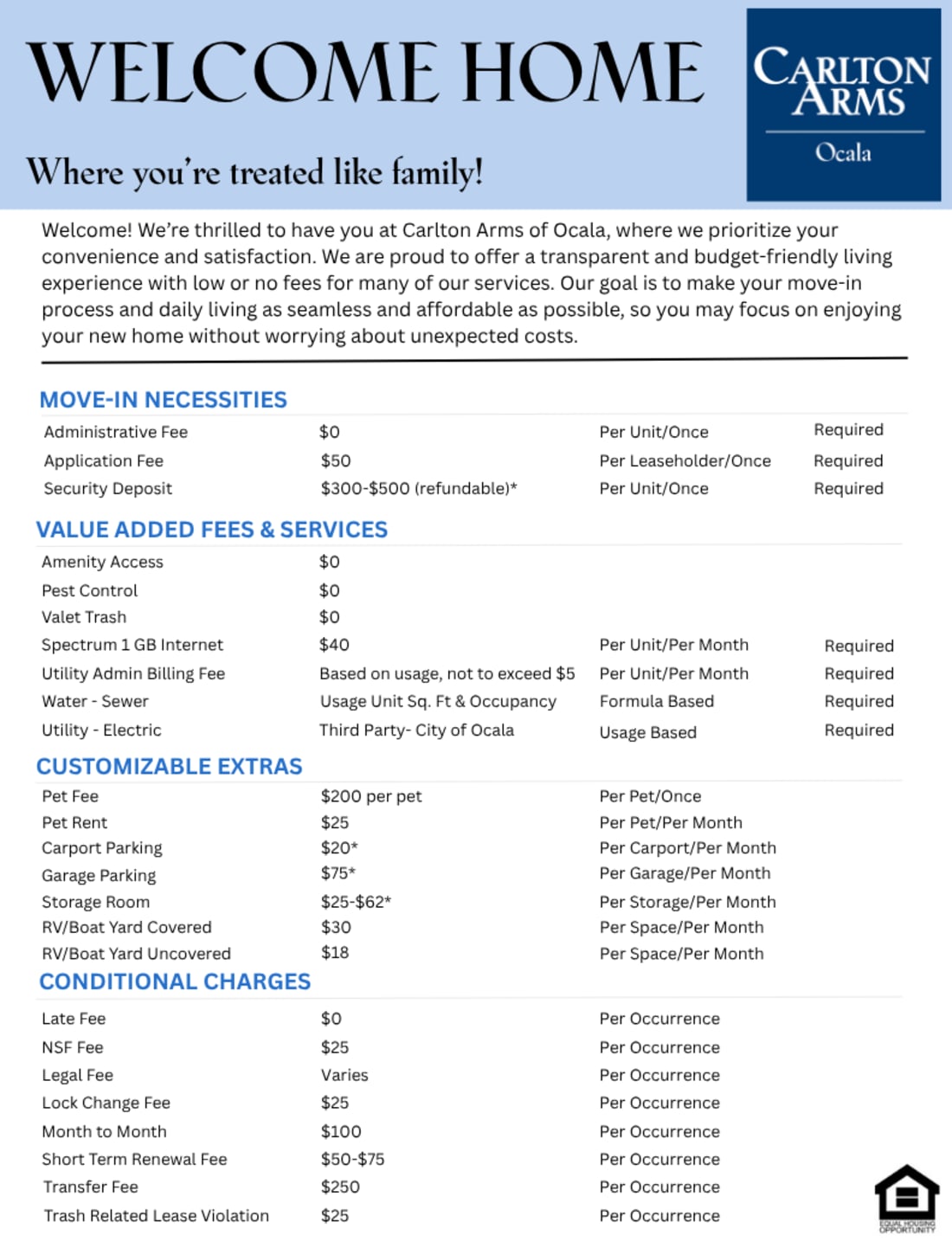 Fee guide at Ocala