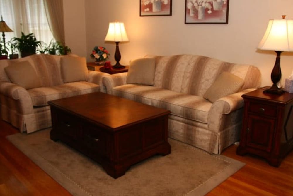 Living room at Royal Court Apartments in River Edge, New Jersey