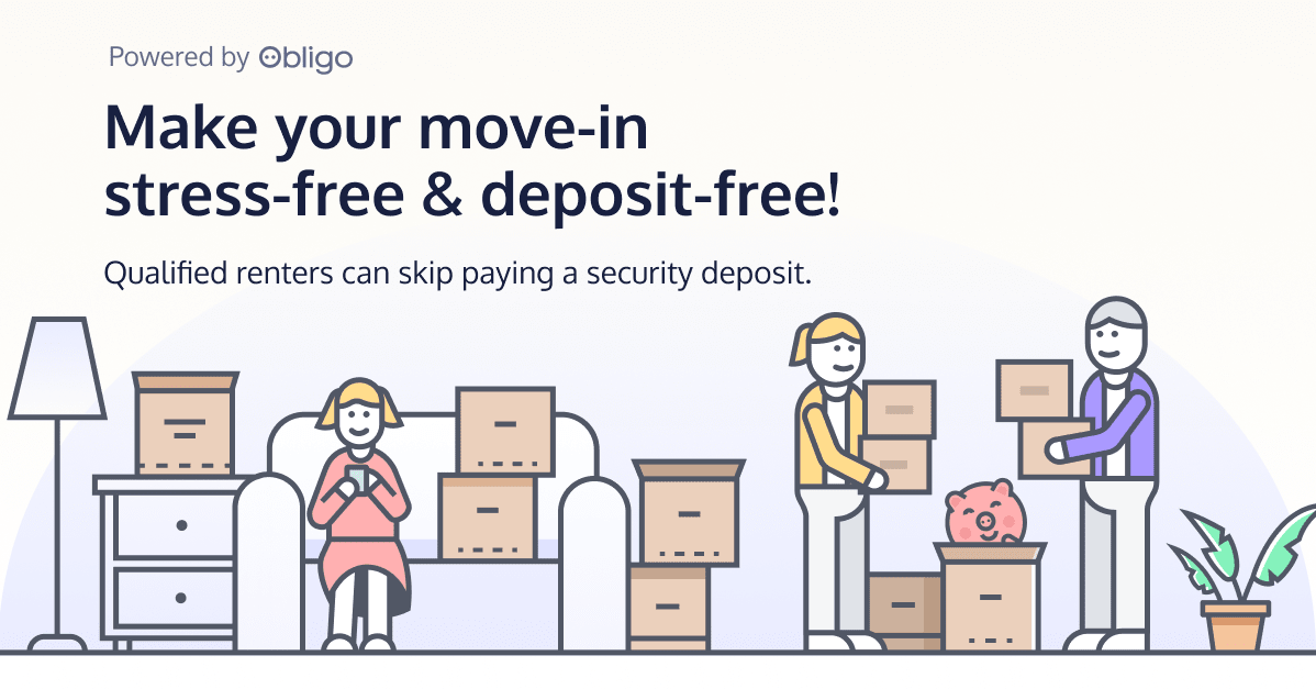  A promotional graphic for Obligo, highlighting a stress-free and deposit-free move-in process for renters. The illustration features a woman sitting on a couch surrounded by moving boxes, while two people are carrying boxes and a piggy bank is visible, symbolizing financial savings Generate alt text then add at Patriots Crossing in Rock Hill, South Carolina