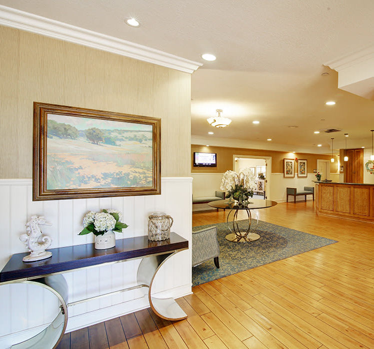 Spacious lobby area at Huntington Terrace in Huntington Beach, California