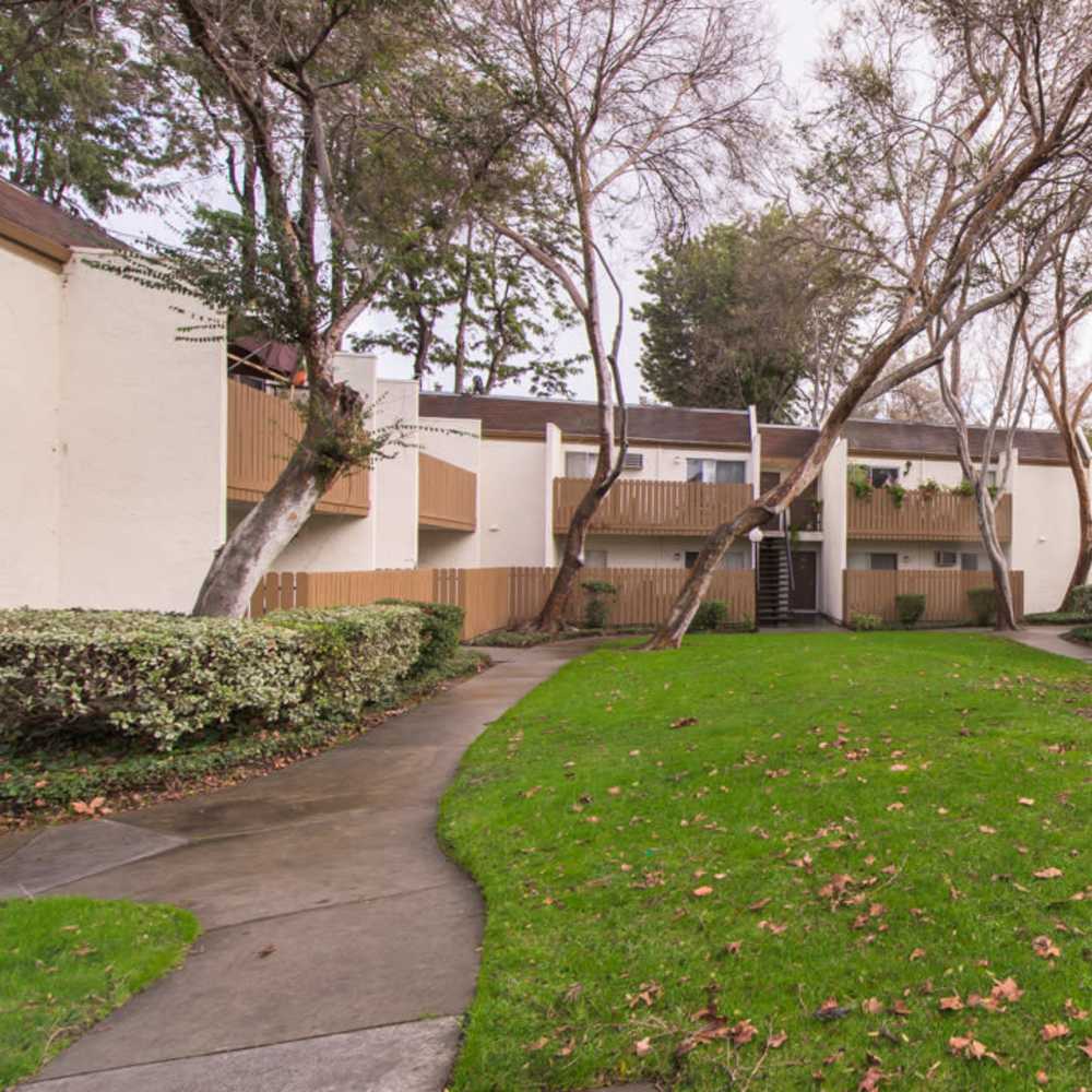 Lots of grass and walking paths around Lawrence Road Apartments in Santa Clara, California,