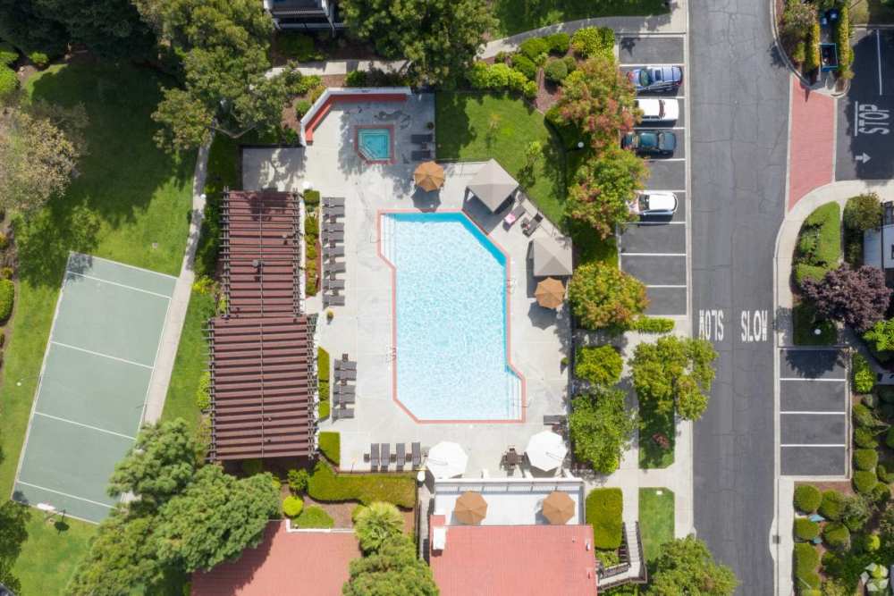 Aerial view of pool at Ardenwood Forest Rental Condominiums in Fremont, California