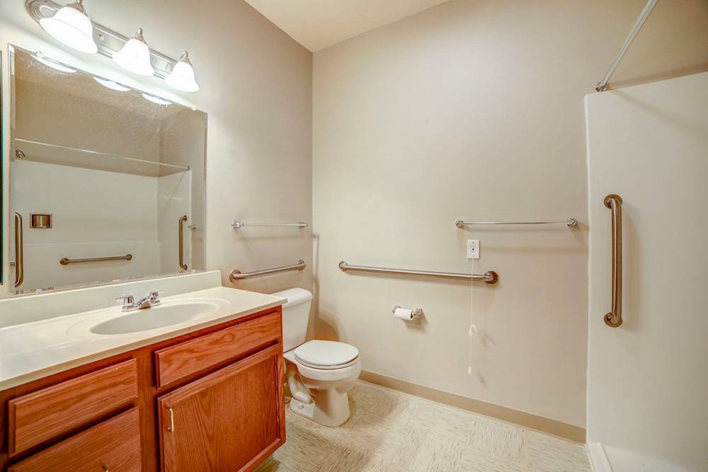 Storage vanity sink in bathroom at Brentwood Greene in Kokomo, Indiana