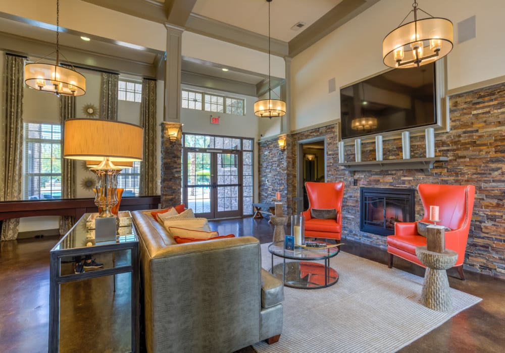 Fireplace in clubhouse at Bacarra Apartments in Raleigh, North Carolina