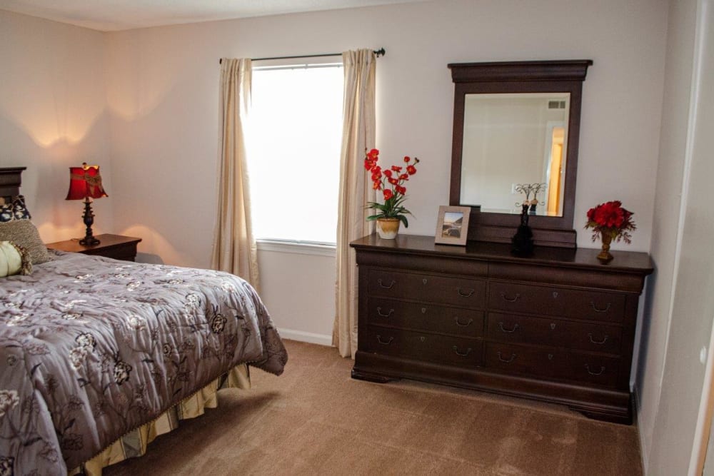 A bright window in a furnished bedroom at Vista Villa in Charlotte, North Carolina