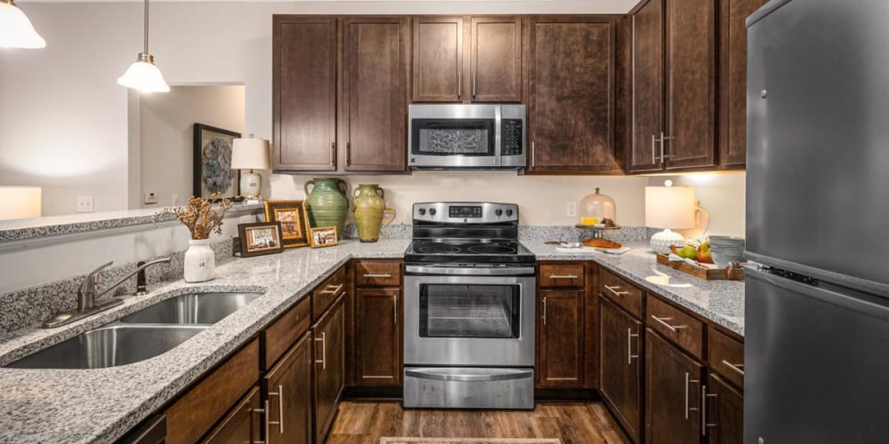 Granite countertops in an apartment kitchen at Bowman Station in Macon, Georgia