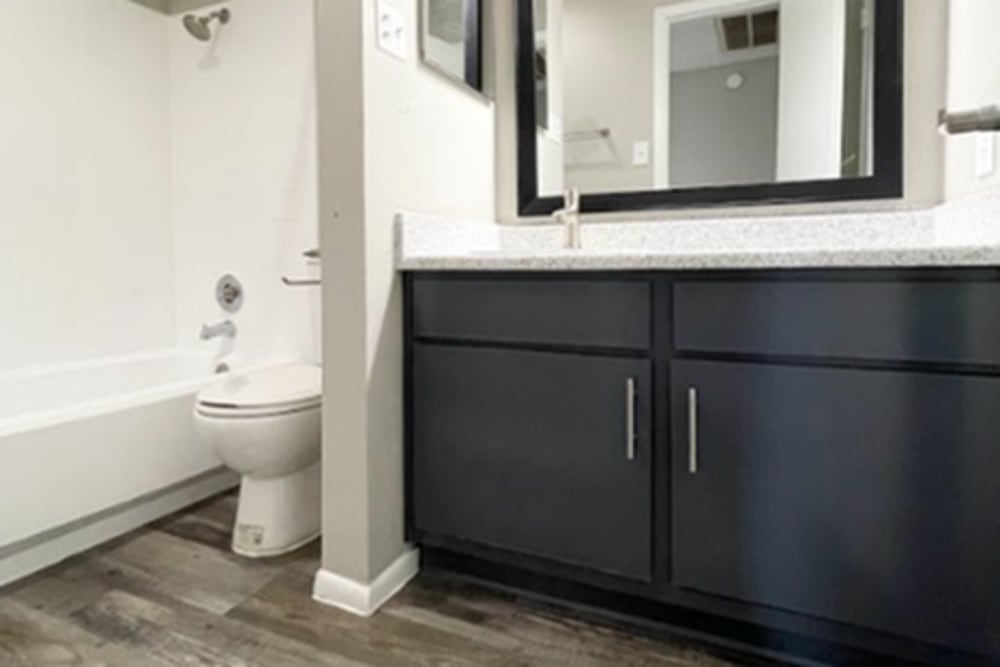 Bedroom with vanity unit at Oak Ridge Apartments in San Antonio, Texas