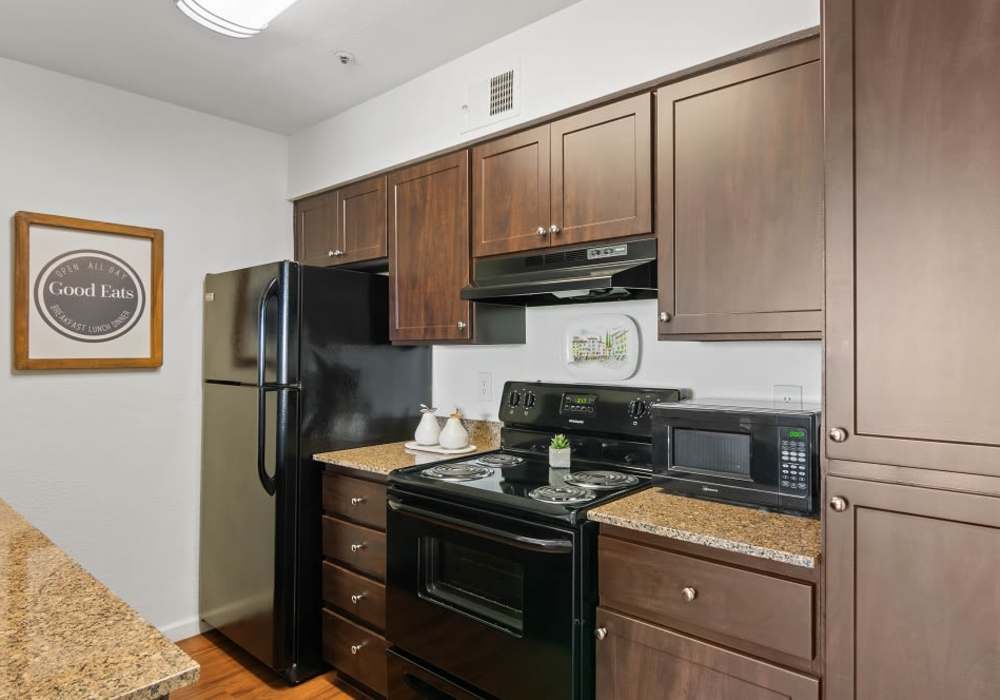 Kitchen with dark cabinets and black appliances at Cabrillo Apartments in Scottsdale, Arizona