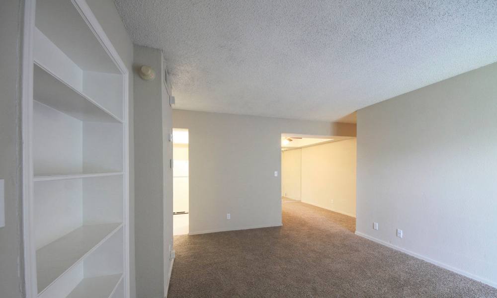 Spacious living area with cozy carpet and built-in shelving at Stonebrook in Oklahoma City, Oklahoma.