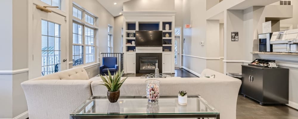 Fireside seating in the clubhouse at Park at Kingsview Village in Germantown, Maryland