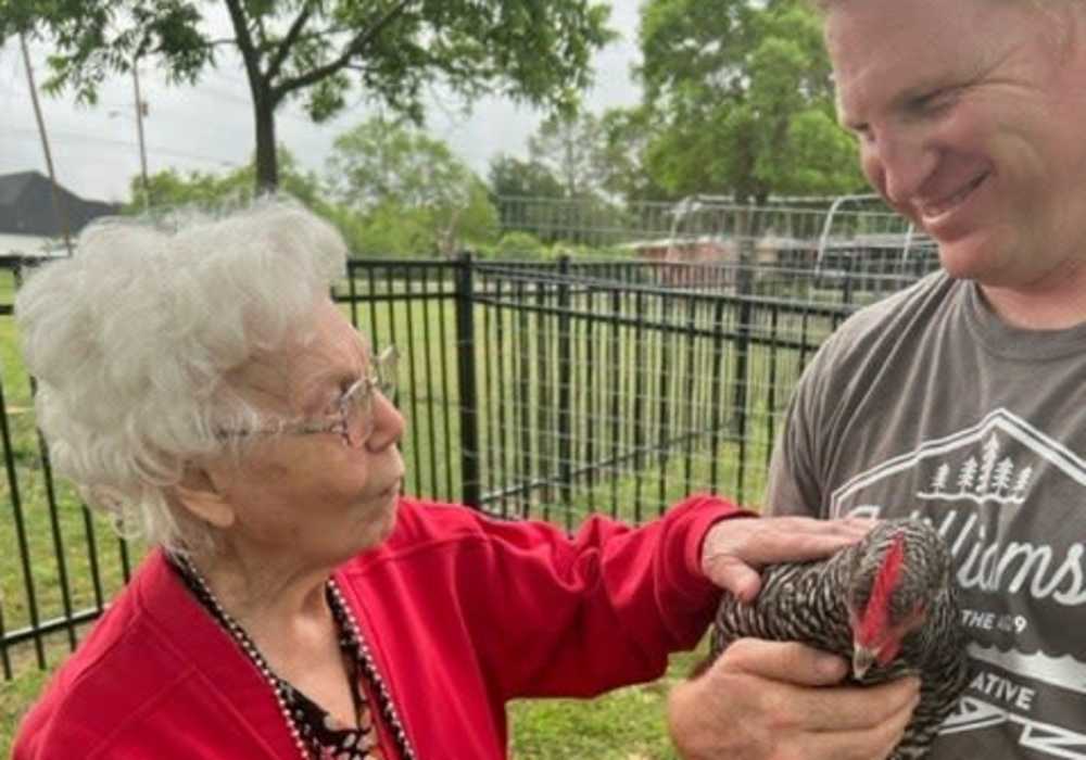 Resident petting a rooster at Truewood by Merrill, Keller in Keller, Texas