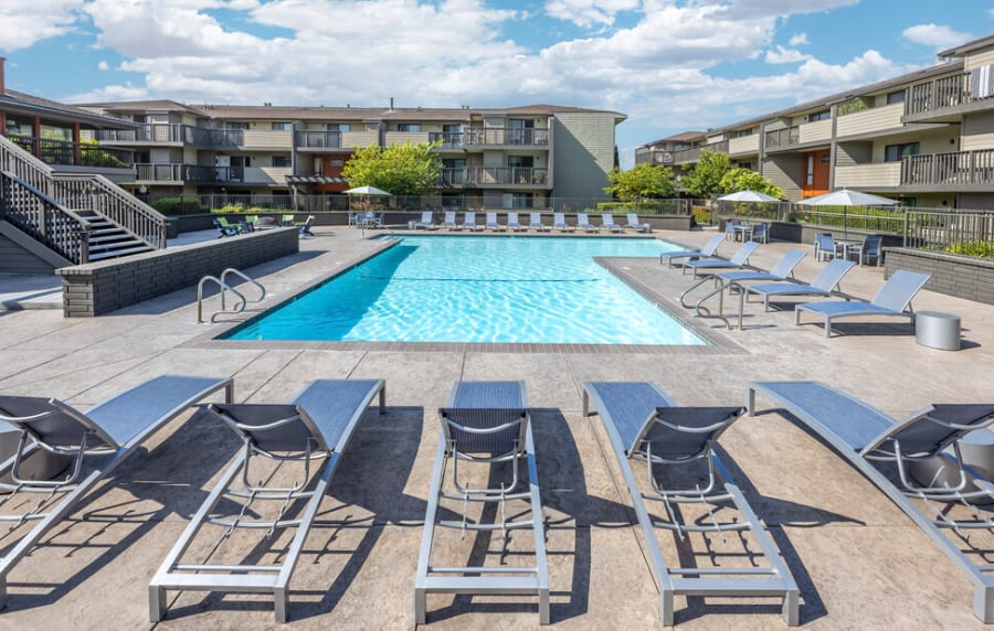 Sparkling pool surrounded by chairs at Harbor Cove Apartments in Foster City, California