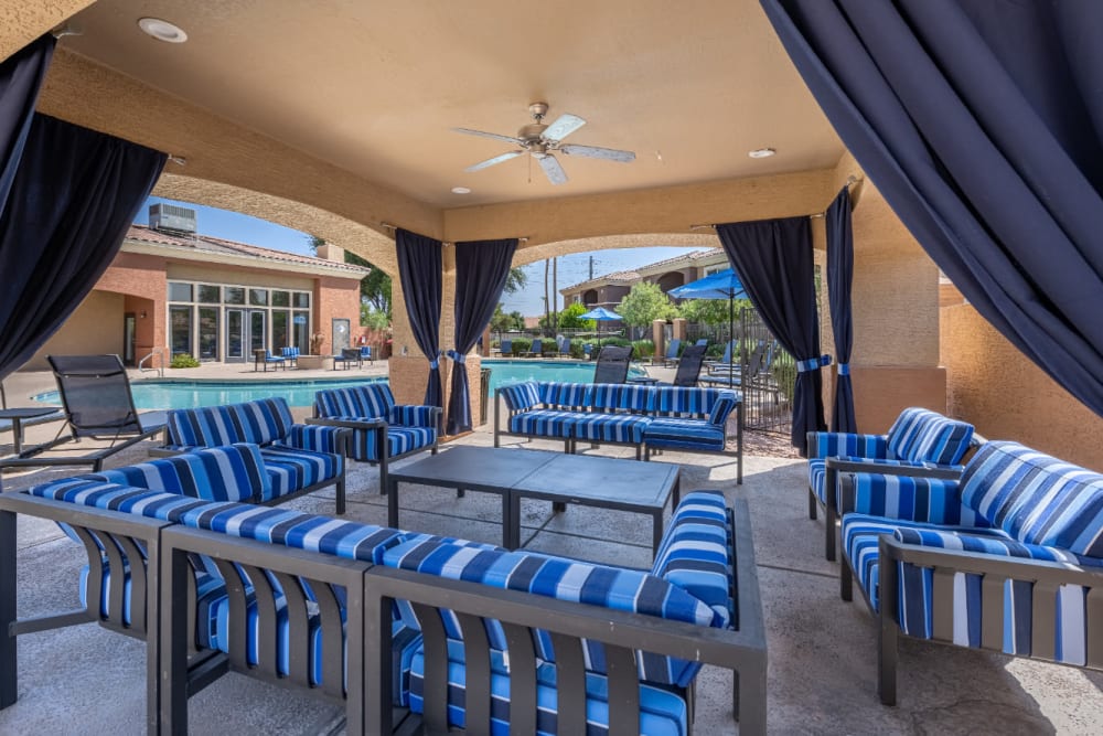 Gazebo with couches and cushioned chairs at Alante at the Islands in Chandler, Arizona