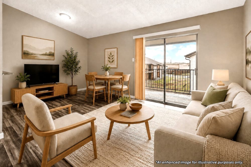 Digitally staged spacious living area with wood-style flooring and sliding glass door to private balcony at Towne East Village Apartment Homes in Converse, Texas