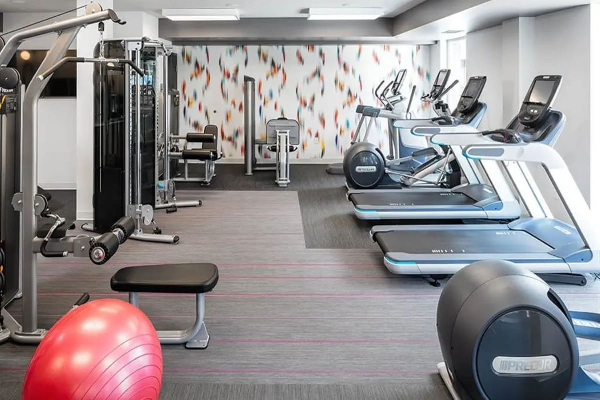 Inside the fitness center at Foundry Lake Street in Minneapolis, Minnesota