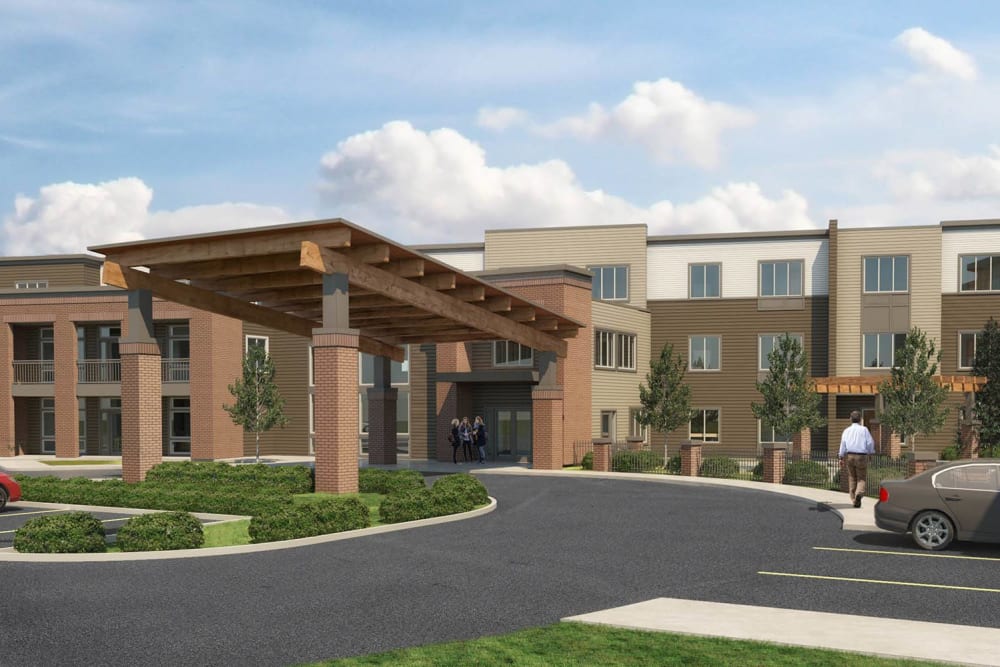 A rendering of the parking lot and main entrance at Brightwater Senior Living of Tuxedo in Winnipeg, Manitoba